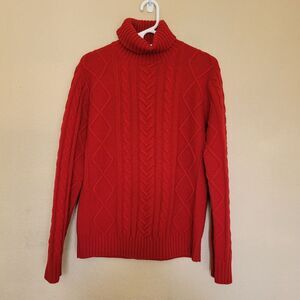 Giordano 100% Wool Cable Knit Fisherman Turtleneck Red Sweater Women Size Medium